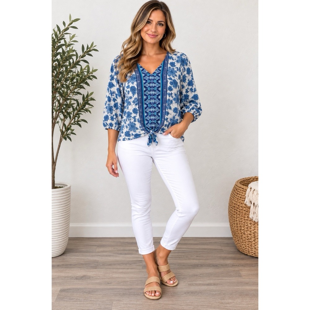 Stella + Ginger XL Blue Floral Paisley Tie Front V Neck 3/4 Sleeve Boho Top
